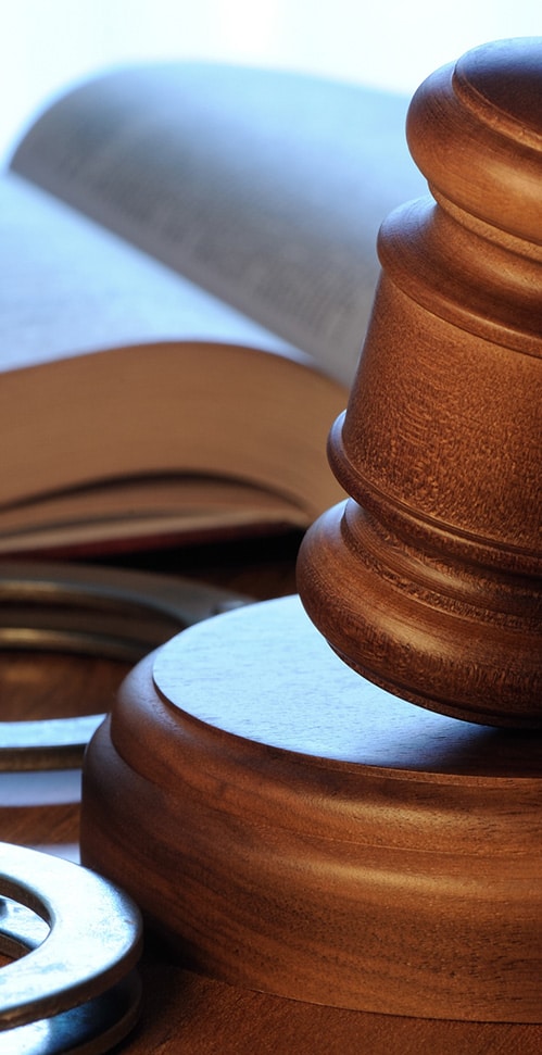 A judge's gavel resting on its sound block